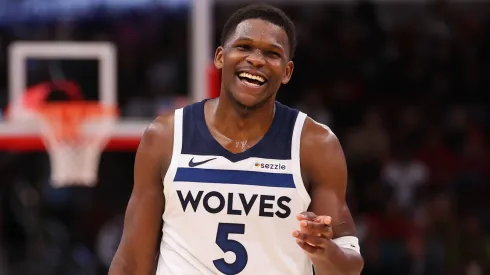Anthony Edwards #5 of the Minnesota Timberwolves laughs against the Chicago Bulls during the second half at the United Center on November 07, 2024 in Chicago, Illinois.