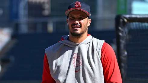 Nolan Arenado #28 of the St. Louis Cardinals looks on during batting practice before the game against the Pittsburgh Pirates at PNC Park on July 2, 2024 in Pittsburgh, Pennsylvania.