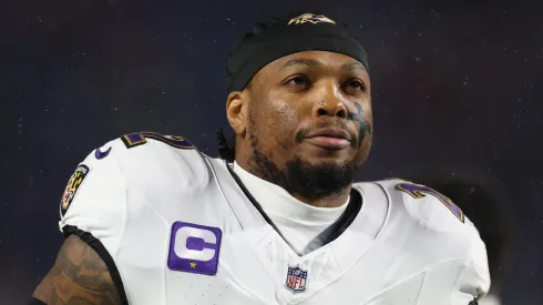 Derrick Henry #22 of the Baltimore Ravens looks on prior to the game against the Buffalo Bills during the AFC Divisional Playoff at Highmark Stadium on January 19, 2025 in Orchard Park, New York.