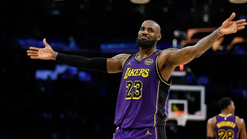 LeBron James #23 of the Los Angeles Lakers reacts during a 120-112 win against the Golden State Warriors.