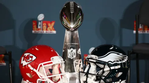 A Kansas City Chiefs helmet, the Vince Lombardi Trophy and a Philadelphia Eagles helmet are seen before the NFL Commissioner Roger Goodell's Super Bowl Press Conference ahead of Super Bowl LIX at Caesars Superdome on February 03, 2025 in New Orleans, Louisiana.