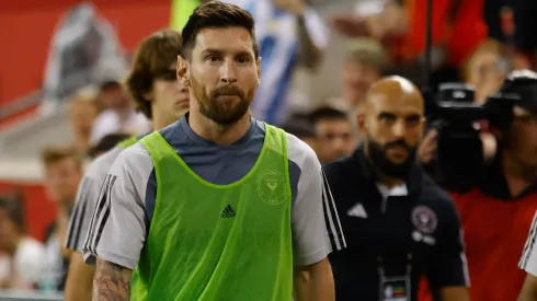 Yassine Chueko (R) the bodyguard for Lionel Messi #10 of Inter Miami looks on during the game against the New York Red Bulls at Red Bull Arena on August 26, 2023 in Harrison, New Jersey.