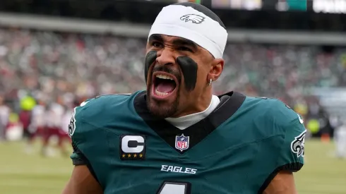 Jalen Hurts #1 of the Philadelphia Eagles reacts in the end zone prior to the NFC Championship Game against the Washington Commanders at Lincoln Financial Field on January 26, 2025 in Philadelphia, Pennsylvania.
