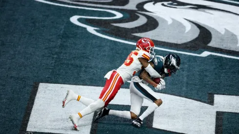 DeVonta Smith #6 of the Philadelphia Eagles catches a pass for a touchdown against Jaylen Watson #35 of the Kansas City Chiefs in the third quarter during Super Bowl LIX.