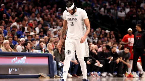 Anthony Davis #3 of the Dallas Mavericks leaves the court with an injury during the third quarter against the Houston Rockets at American Airlines Center on February 08, 2025 in Dallas, Texas.