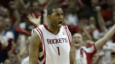 Forward Tracy McGrady #1 of the Houston Rockets reacts against the Utah Jazz in Game Seven of the Western Conference Quarterfinals