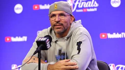 Dallas Mavericks head coach Jason Kidd talks with media prior to Game Four of the 2024 NBA Finals against the Boston Celtics at American Airlines Center on June 14, 2024 in Dallas, Texas.