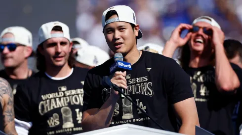 Shohei Ohtani #17 of the Los Angeles Dodgers speaks during the 2024 World Series Celebration Show at Dodger Stadium on November 01, 2024 in Los Angeles, California.