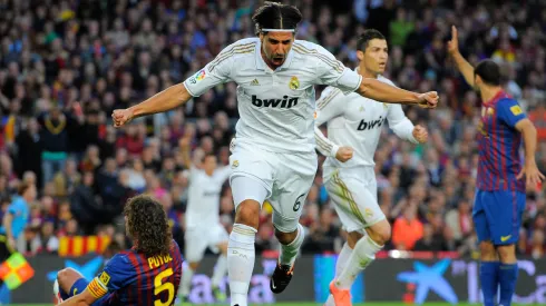 Sami Khedira of Real Madrid CF celebrates after scoring the opening goal during the La Liga match between FC Barcelona and Real Madrid at Camp Nou on April 21, 2012 in Barcelona, Spain.