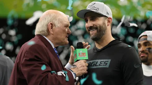 Terry Bradshaw interviews head coach Nick Sirianni of the Philadelphia Eagles during the trophy ceremony after Philadelphia beat the Kansas City Chiefs 40-22 to win Super Bowl LIX at Caesars Superdome on February 09, 2025 in New Orleans, Louisiana.