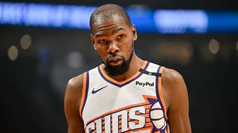 Kevin Durant #35 of the Phoenix Suns looks on during the first quarter of the game against the Portland Trail Blazers.