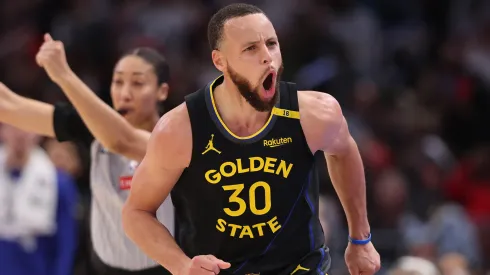 Stephen Curry #30 of the Golden State Warriors celebrates a three pointer against the Chicago Bulls during the second half at the United Center on February 08, 2025 in Chicago, Illinois.