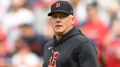 A.J. Hinch #14 of the Detroit Tigers walks to the pitching mound during the eighth inning against the Cleveland Guardians during Game Five of the Division Series at Progressive Field on October 12, 2024 in Cleveland, Ohio.