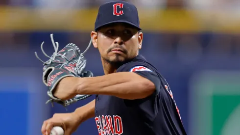 Carlos Carrasco #59 of the Cleveland Guardians pitches in the first inning during a game against the Tampa Bay Rays at Tropicana Field on July 12, 2024 in St Petersburg, Florida.