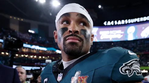 Jalen Hurts #1 of the Philadelphia Eagles celebrates on the field after defeating the Kansas City Chiefs 40-22 to win Super Bowl LIX at Caesars Superdome on February 09, 2025 in New Orleans, Louisiana.
