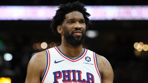 Joel Embiid #21 of the Philadelphia 76ers walks backcourt during a game against the Milwaukee Bucks at Fiserv Forum on February 09, 2025.