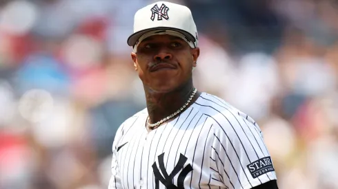 Marcus Stroman #0 of the New York Yankees reacts against the Cincinnati Reds during the fifth inning at Yankee Stadium on July 04, 2024 in the Bronx borough of New York City.