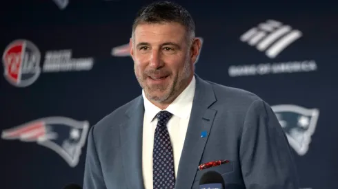 Mike Vrabel speaks as he is introduced as head coach of the New England Patriots during a press conference at Gillette Stadium on January 13, 2025.