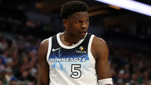 Anthony Edwards #5 of the Minnesota Timberwolves looks on against the Milwaukee Bucks in the first quarter at Target Center.