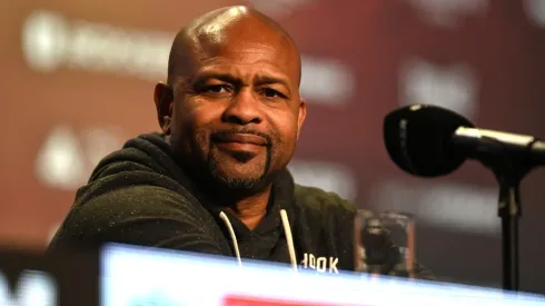 Roy Jones Jr. trainer of Chris Eubank Jr. speaks to the media during a press conference at Manchester Central Convention Complex in Manchester, England.