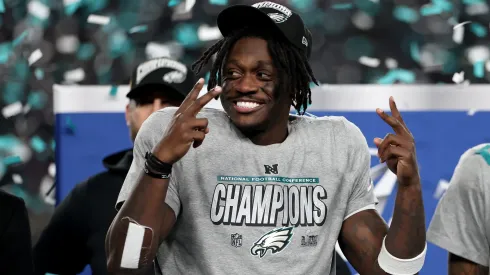 A.J. Brown #11 of the Philadelphia Eagles celebrates during the trophy ceremony after defeating the Washington Commanders 55-23 to win the NFC Championship Game at Lincoln Financial Field on January 26, 2025 in Philadelphia, Pennsylvania.