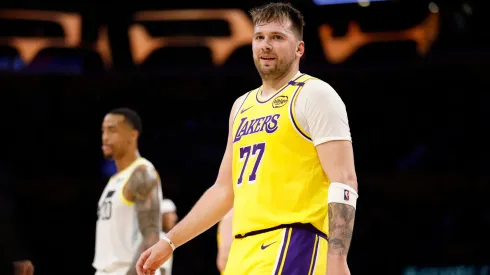 Luka Doncic #77 of the Los Angeles Lakers reacts after committing his third foul during the third quarter of a game against the Utah Jazz.