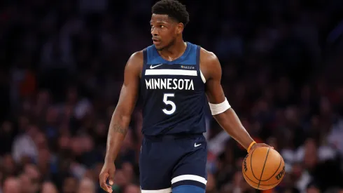 Anthony Edwards #5 of the Minnesota Timberwolves in action during the game against the New York Knicks at Madison Square Garden.