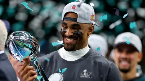 Jalen Hurts #1 of the Philadelphia Eagles celebrates with the Vince Lombardi Trophy after beating the Kansas City Chiefs 40-22 to win Super Bowl LIX at Caesars Superdome on February 09, 2025 in New Orleans, Louisiana.