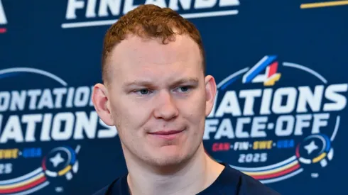 Brady Tkachuk #7 of the United States takes questions during media day ahead of the 2025 NHL 4 Nations Face-Off at the Bell Centre on February 11, 2025 in Montreal, Quebec, Canada.