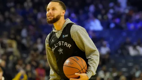 Stephen Curry #30 of the Golden State Warriors and Shaq's OGs warms up during 2025 NBA All-Star Practice & Media Availability at Oakland Arena on February 15, 2025 in Oakland, California.