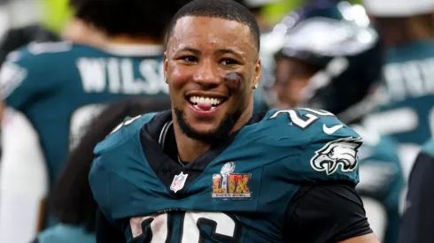 Saquon Barkley #26 of the Philadelphia Eagles looks on from the sideline in the fourth quarter against the Kansas City Chiefs during Super Bowl LIX at Caesars Superdome on February 09, 2025 in New Orleans, Louisiana.