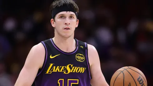 Austin Reaves #15 of the Los Angeles Lakers dribbles against the Houston Rockets during the first half at Toyota Center on January 05, 2025 in Houston, Texas.