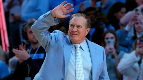 Head coach Bill Belichick of the North Carolina Tar Heels addresses the crowd during halftime in the game against the La Salle Explorers at the Dean E. Smith Center on December 14, 2024 in Greensboro, North Carolina.