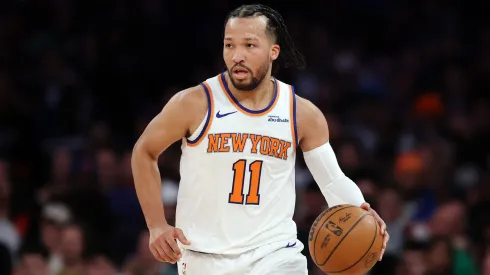Jalen Brunson #11 of the New York Knicks dribbles during the first half against the Atlanta Hawks at Madison Square Garden on January 20, 2025.