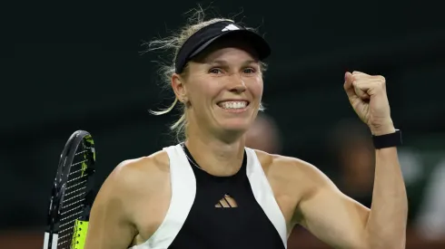 Caroline Wozniacki of Denmark celebrates during the Indian Wells in 2024