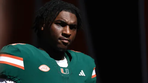 Cam Ward #1 of the Miami Hurricanes walks onto the field to face the Wake Forest Demon Deacons during the first half at Hard Rock Stadium on November 23, 2024 in Miami Gardens, Florida.
