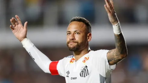 Neymar of Santos celebrates after scoring the team´s first goal during a match between Santos and Agua Santa as part of Campeonato Paulista 2025 at Urbano Caldeira Stadium (Vila Belmiro) on February 16, 2025 in Santos, Brazil.