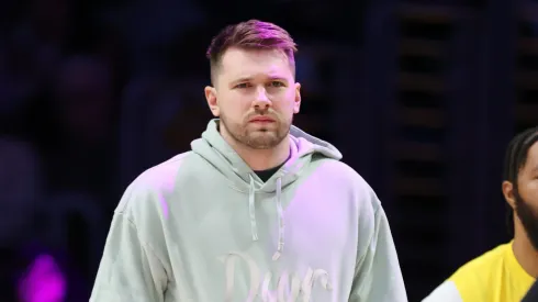 Luka Doncic #77 of the Los Angeles Lakers looks on prior to a game against the Indiana Pacers at Crypto.com Arena.
