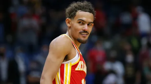 Trae Young #11 of the Atlanta Hawks reacts against the New Orleans Pelicans during the second half at the Smoothie King Center on October 27, 2021.
