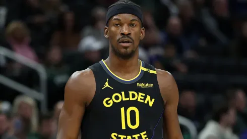 Jimmy Butler #10 of the Golden State Warriors walks backcourt during a game against the Milwaukee Bucks at Fiserv Forum on February 10, 2025 in Milwaukee, Wisconsin.