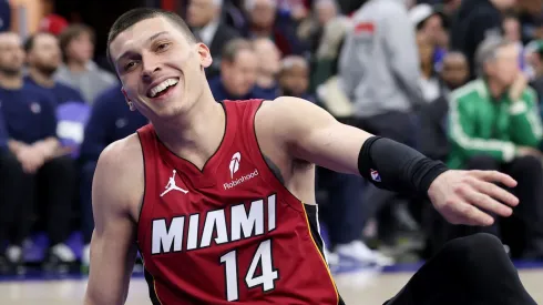 Tyler Herro #14 of the Miami Heat reacts after falling on the court during the second half against the Philadelphia 76ers at the Wells Fargo Center on February 05, 2025.