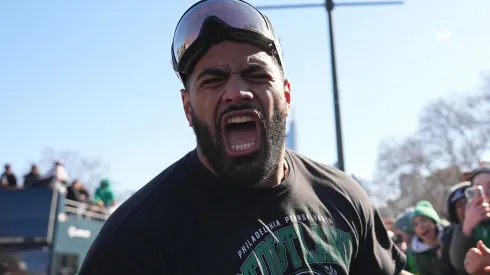 Jordan Mailata #68 of the Philadelphia Eagles celebrates with fans during the Philadelphia Eagles Super Bowl Championship Parade on February 14, 2025 in Philadelphia, Pennsylvania.