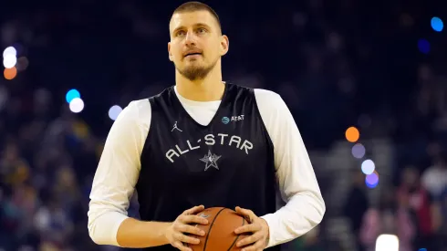 Nikola Jokic #15 of the Denver Nuggets and Chuck's Global Stars looks on during 2025 NBA All-Star Practice & Media Availability.