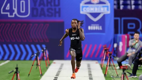 Xavier Worthy #WO40 of Texas participates in the 40-yard dash during the NFL Combine at Lucas Oil Stadium on March 02, 2024.