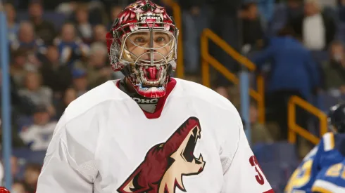 Goaltender Curtis Joseph #31 of the Phoenix Coyotes looks on during the game against the St. Louis Blues on January 26, 2006.