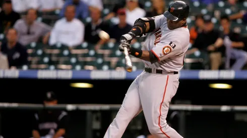 Barry Bonds launches his 762nd career home run off of Ubaldo Jimenez of the Colorado Rockies in the first inning to give the Giants a 2-0 lead over the Rockies at Coors Field in 2007.