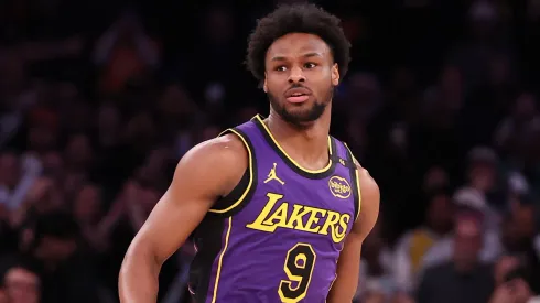 Bronny James #9 of the Los Angeles Lakers in action against the New York Knicks during their game at Madison Square Garden on February 01, 2025 in New York City.