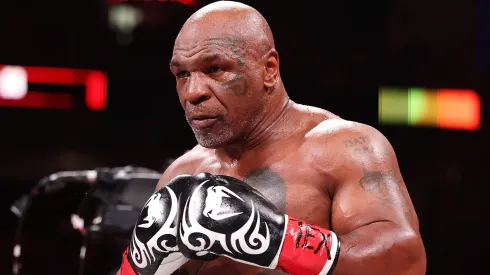 Mike Tyson fights during LIVE On Netflix: Jake Paul vs. Mike Tyson at AT&T Stadium on November 15, 2024 in Arlington, Texas.