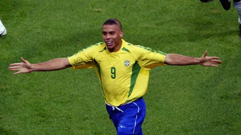 Ronaldo of Brazil celebrates scoring the winning goal during the FIFA World Cup Finals 2002 Semi-Final