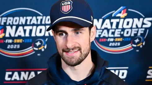 Dylan Larkin #21 of the United States takes questions during media day ahead of the 2025 NHL 4 Nations Face-Off at the Bell Centre on February 11, 2025 in Montreal, Quebec, Canada.